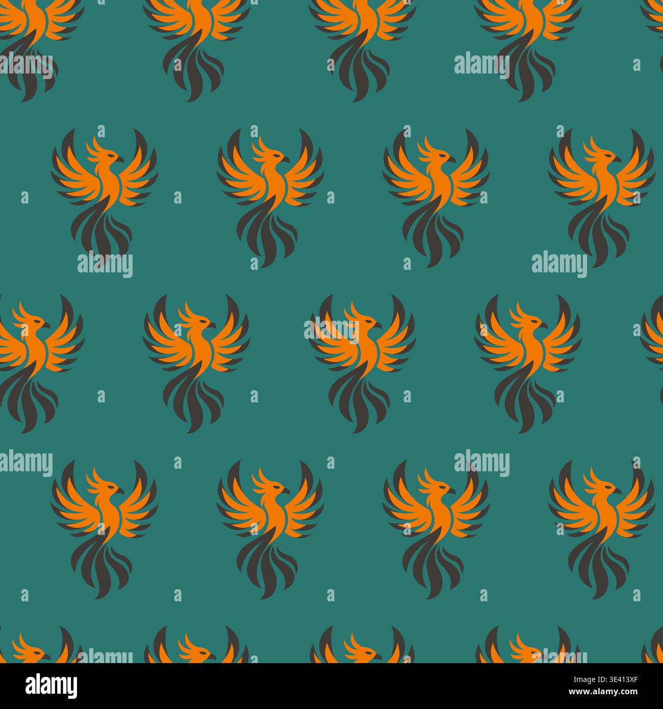 Phoenix seamless pattern with mythical fire bird on teal background vector illustration. Stock Vector