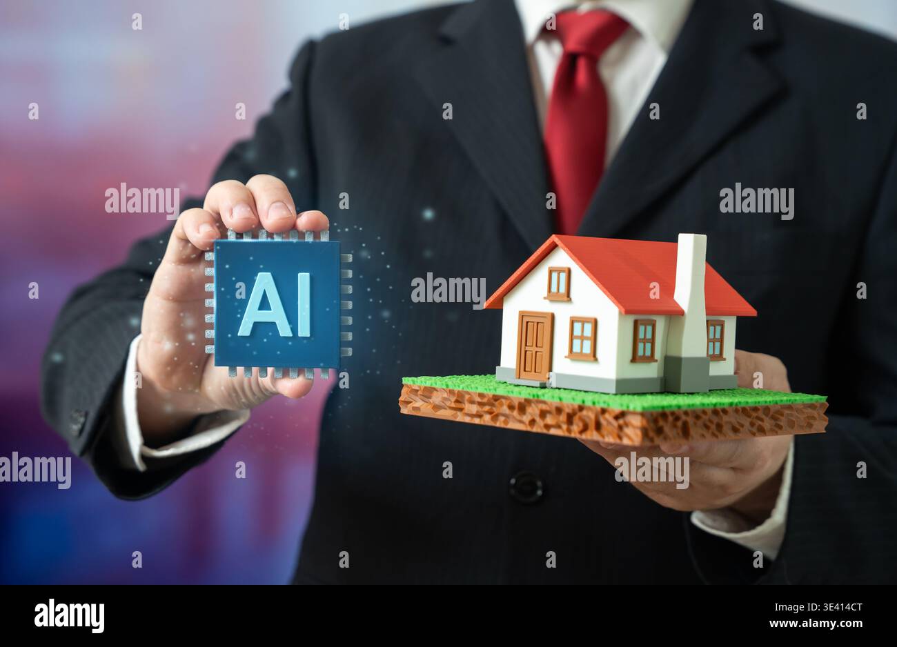 A man demonstrates an AI system for home integration. A new level of smart home. Technology improves comfort and control. Automation enhances efficien Stock Photo