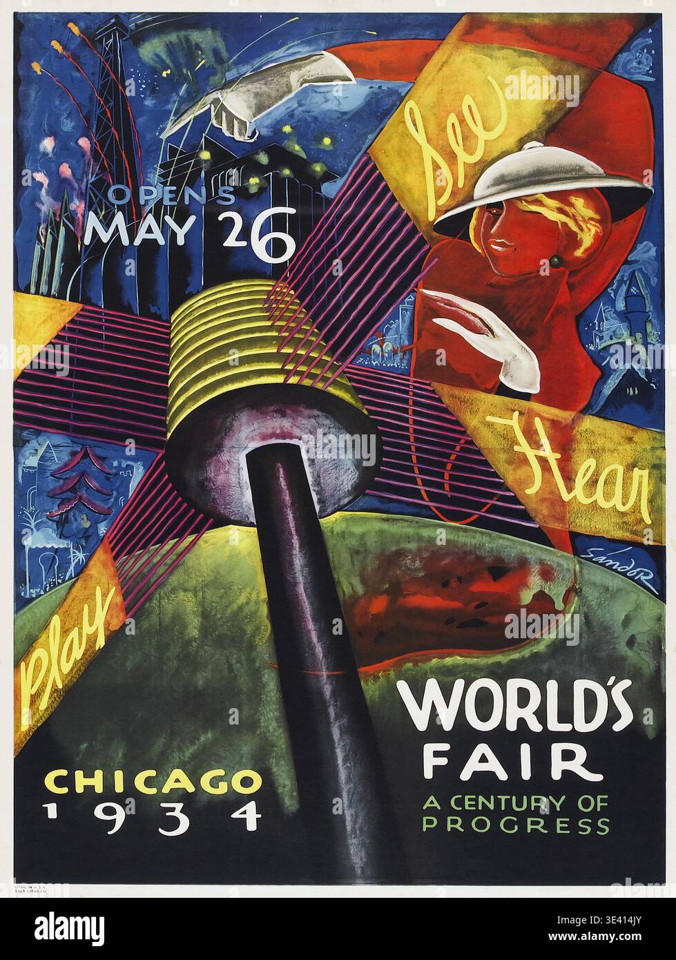 This vibrant Art Deco poster by Sándor advertises the 1934 Chicago ...