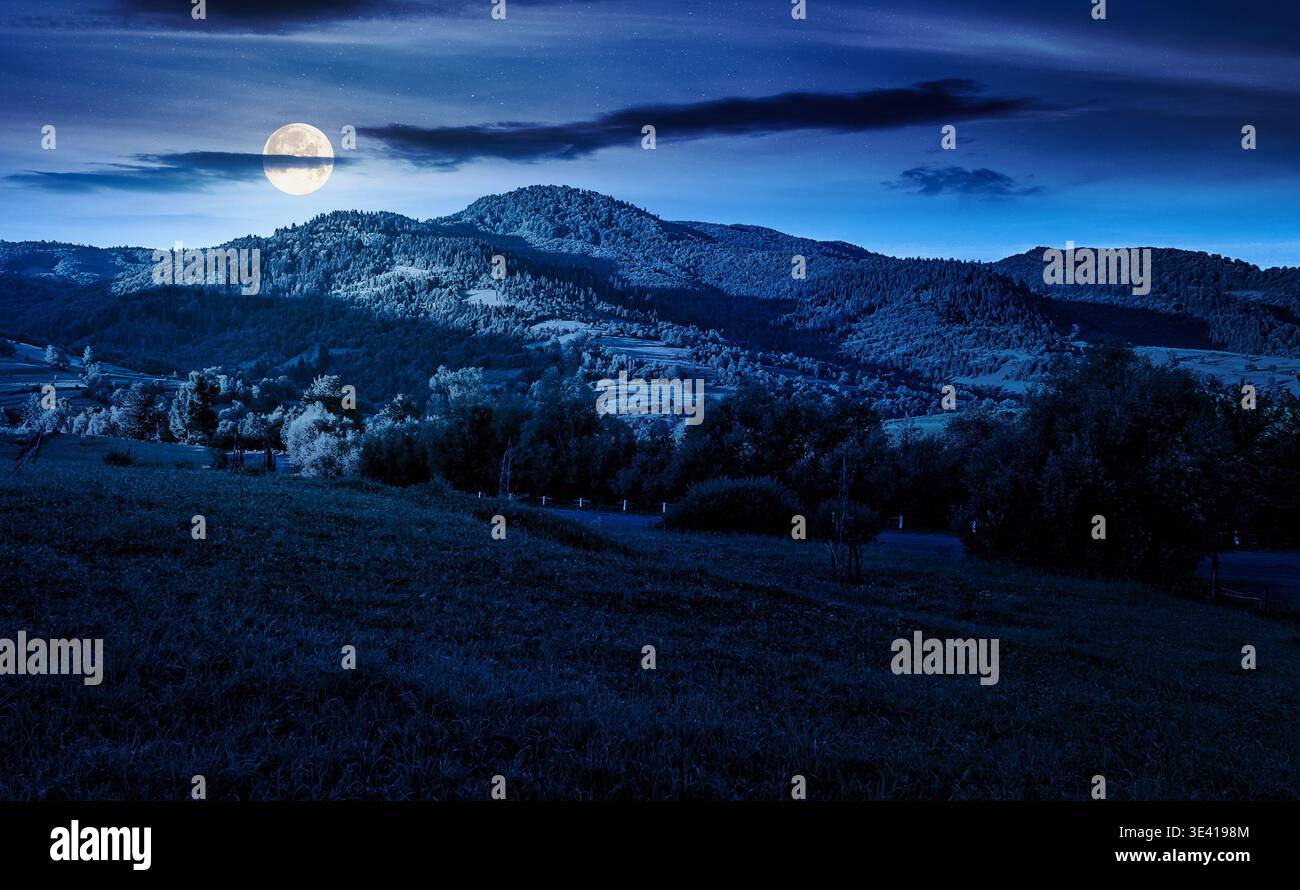 agricultural grassy field and rolling hills in mountainous rural scenery in summertime at night. full moon over wonderful countryside landscape in mou Stock Photo