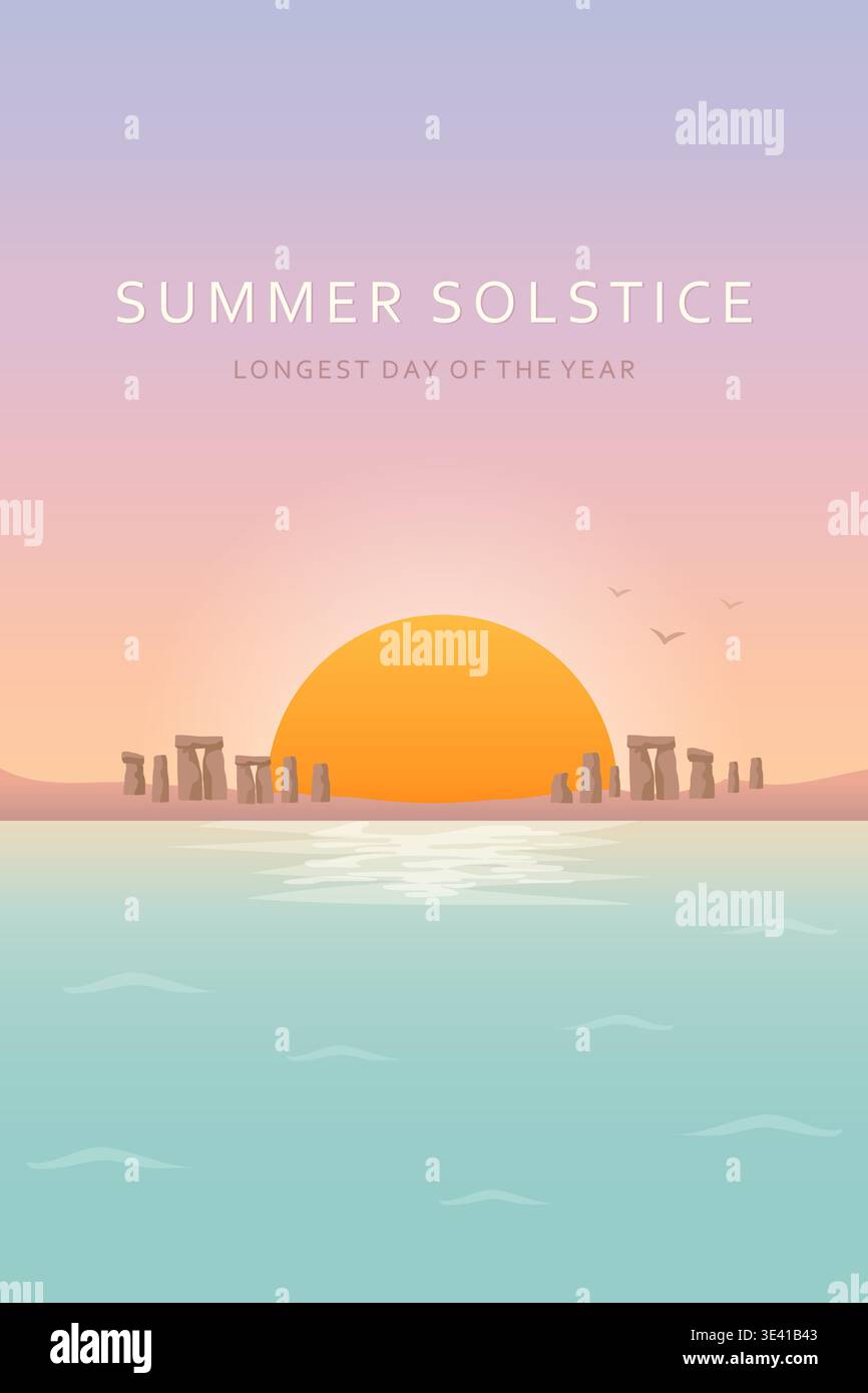 Summer solstice vertical poster with ancient stone circle and sunset vector illustration. Stock Vector