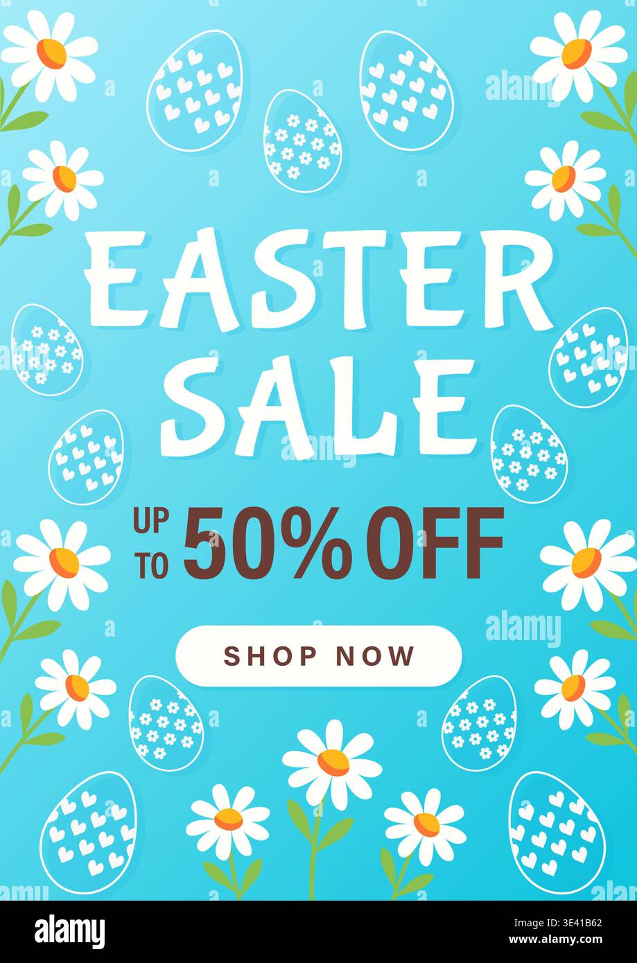 Easter discount flyer with daisies and decorative eggs vector illustration. Stock Vector
