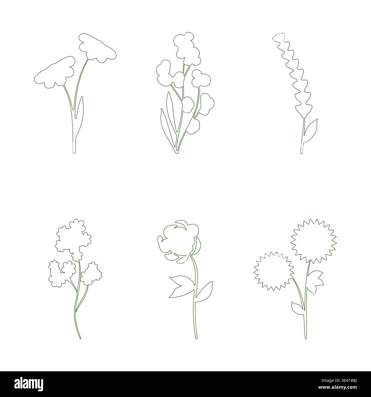 A collection of six unique line art flowers displayed on a clean white background. Stock Vector