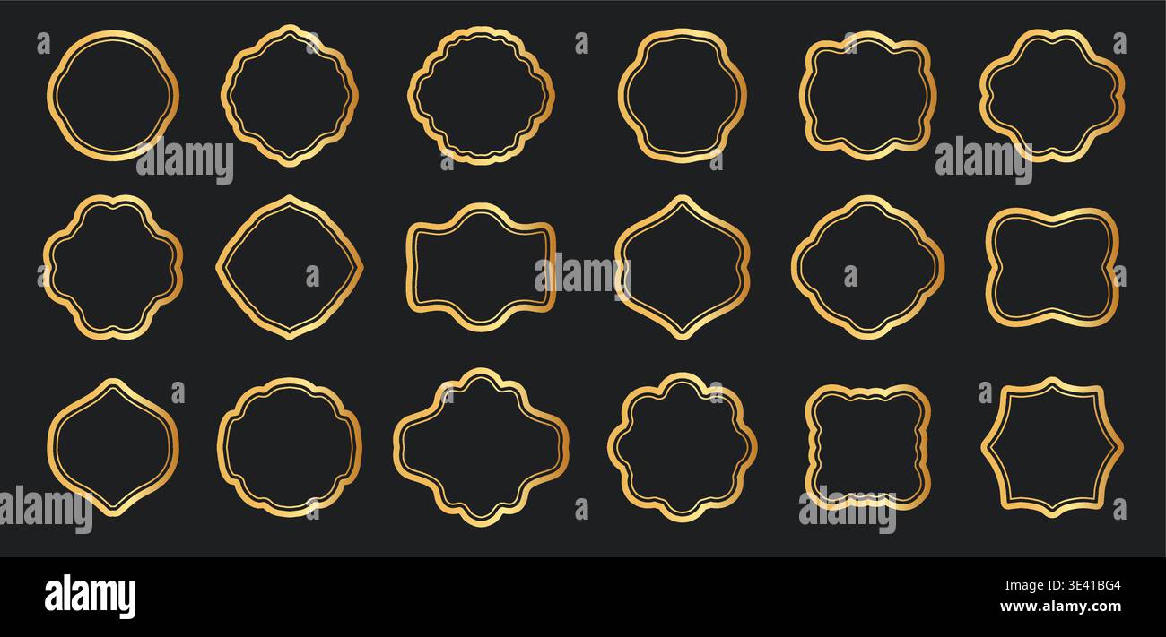Golden thin Line frames collection. Gold vector borders Luxury minimalist design set template. Geometric banners decorative linear rectangles. Stock Vector