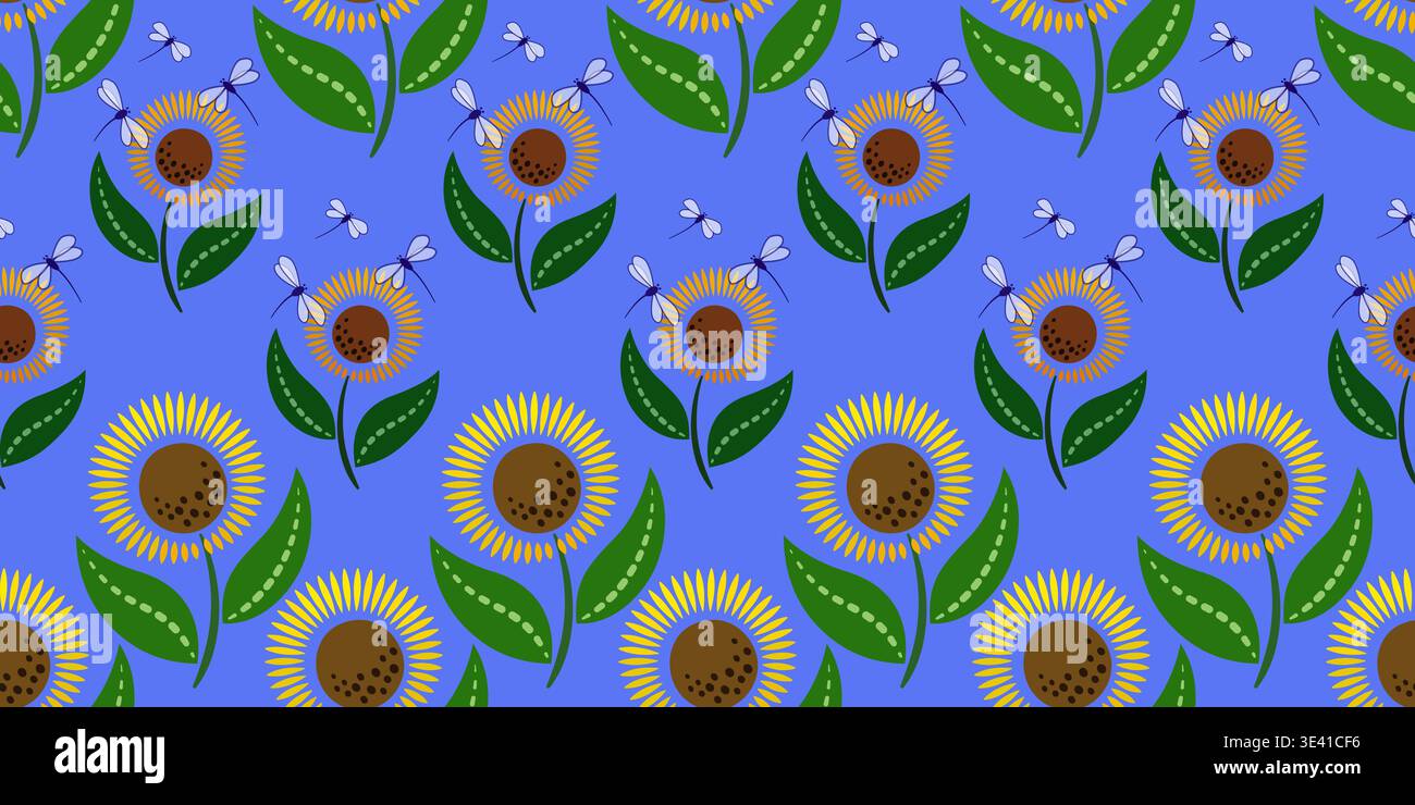 Seamless pattern flowers and dragonflies on blue Stock Vector
