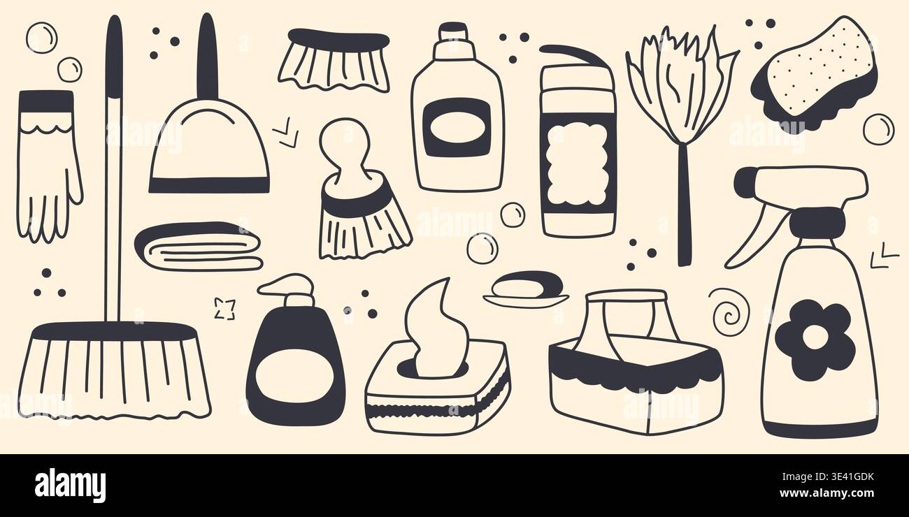 Sanitary accessories and household cleaning chemicals doodle