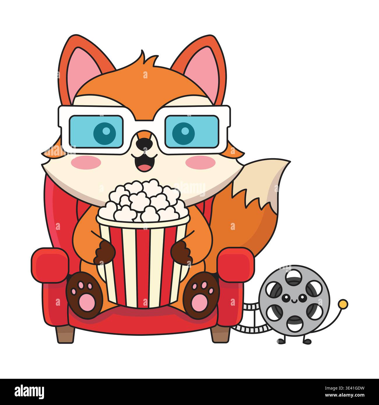 Cute Fox Character Watching Movie with Popcorn and Wearing Cinema Glasses Flat Vector Illustration Stock Vector