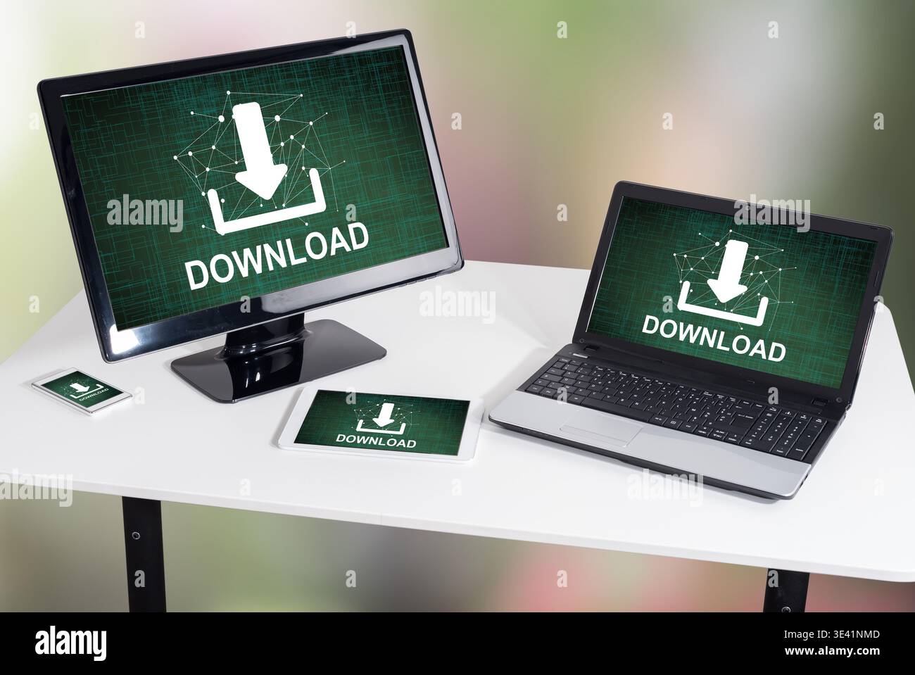 Download concept shown on different information technology devices Stock Photo