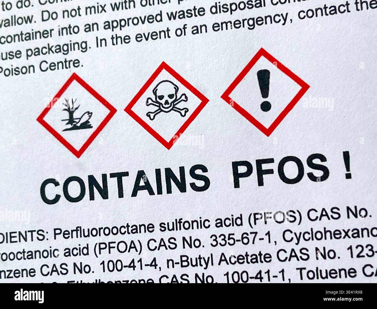 Warning label highlighting hazardous chemicals, including PFAS ...