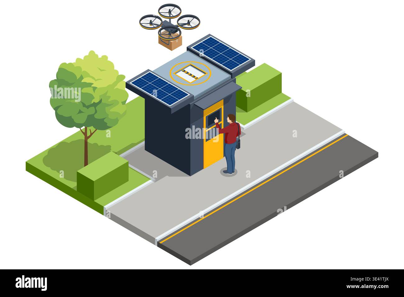 Isometric autonomous delivery kiosk with solar panels and rooftop drone ...