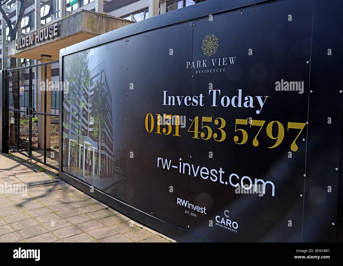 Park View Residences investment hoarding at Hilden House, Warrington, advertising buy-to-let apartments through RWinvest. Stock Photo