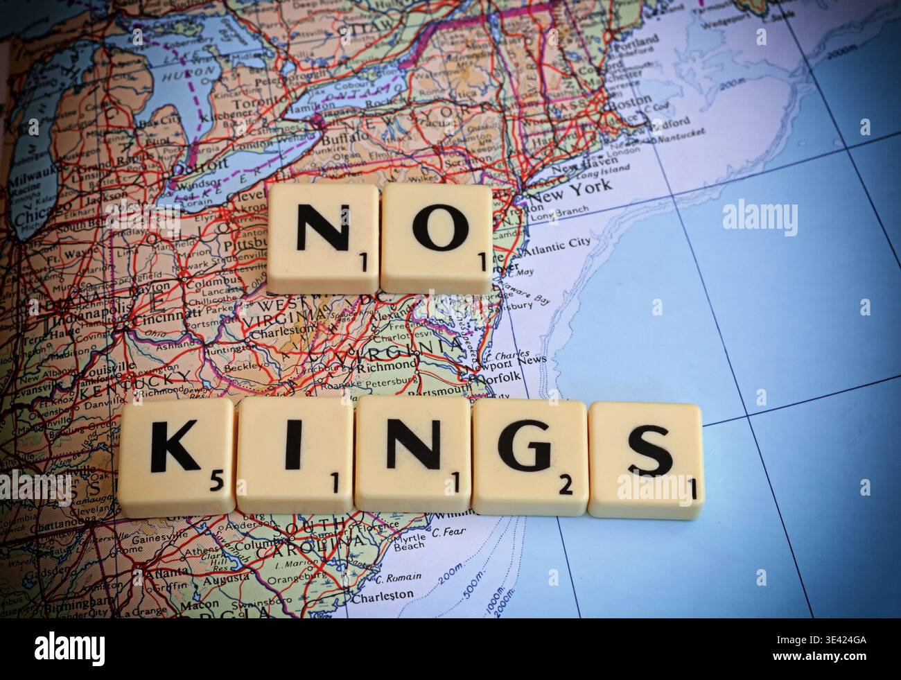 #NoKings No Kings anti-Trump marches and demonstrations - Virginia, New York, New Jersey, Buffalo, Kentucky on map with Scrabble Letters Stock Photo