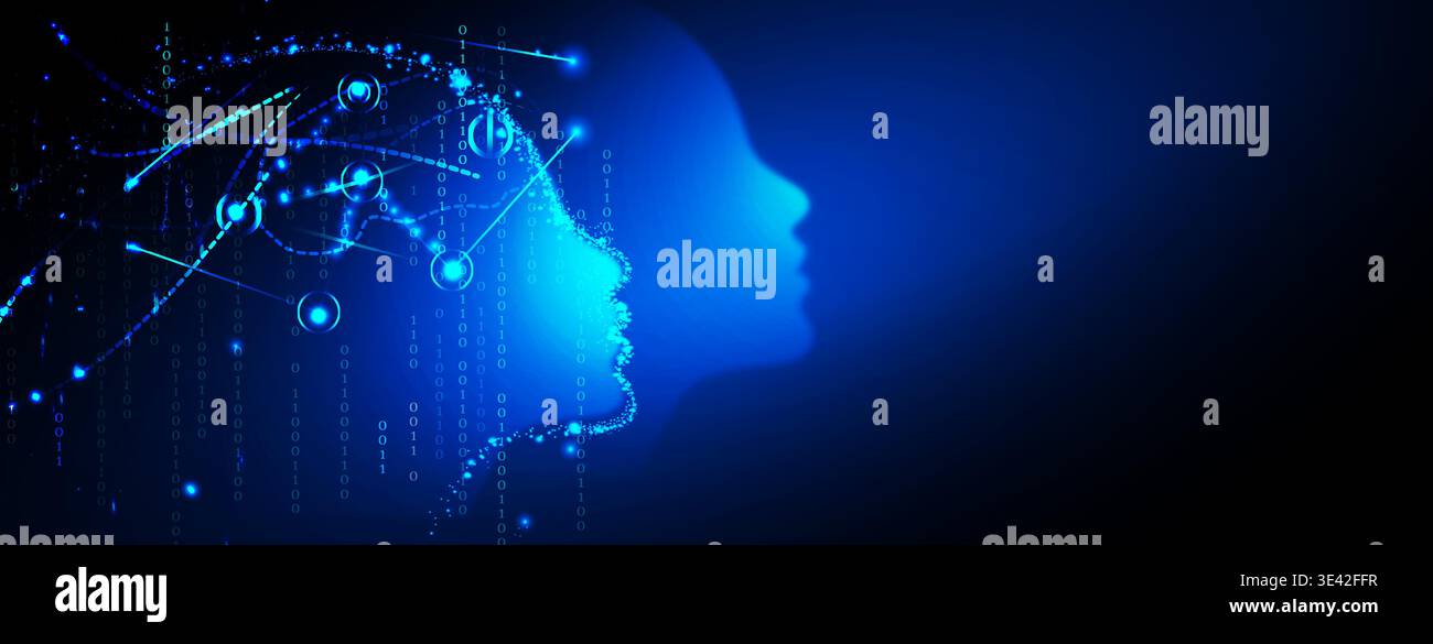 Abstract Artificial intelligence. Technology web background. Virtual concept. AI in humanoid head with neural network thinks Stock Vector