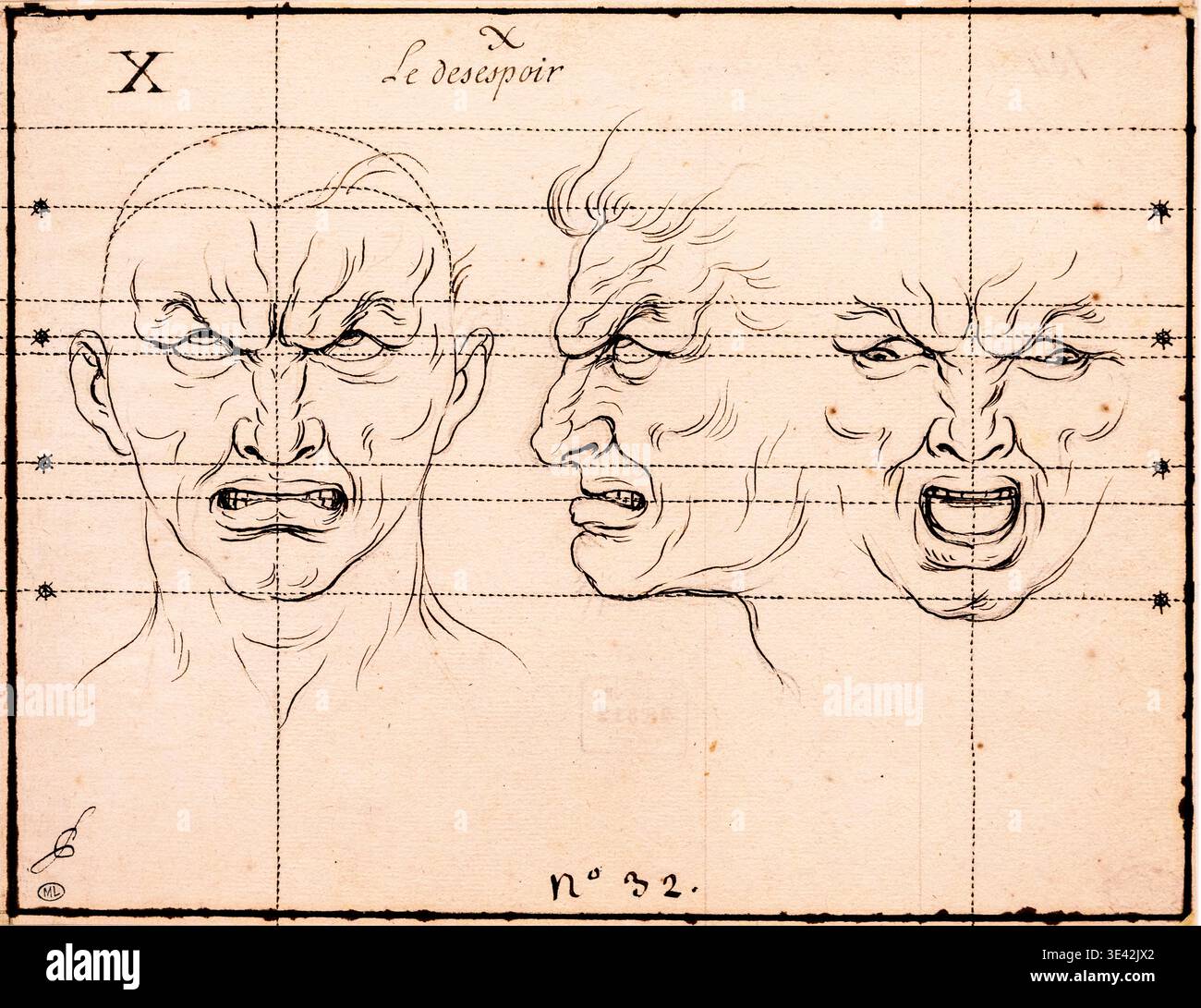 Charles Le Brun,  b 1619 – d 1690. Le Desespoir, Studies of the human face - Despair. 1668, Ink on Paper. Stock Photo