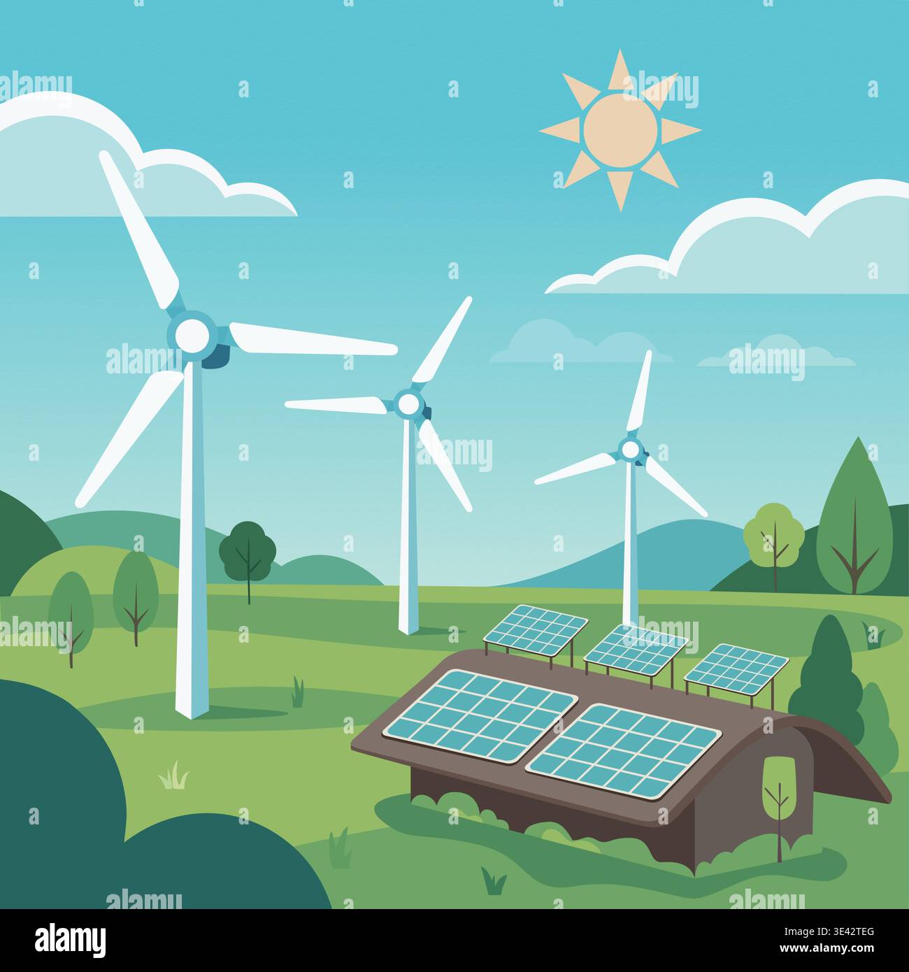 Renewable energy. Landscape with a solar panel and a windmill. Stock Vector
