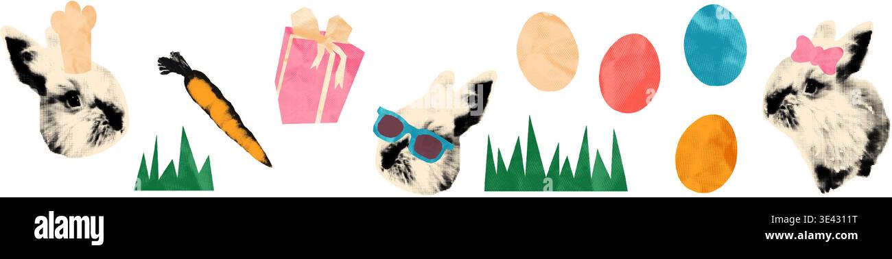 Easter bunny halftone collage set vector illustration Stock Vector