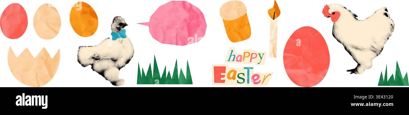 Easter chicken halftone collage elements set vector illustration Stock Vector