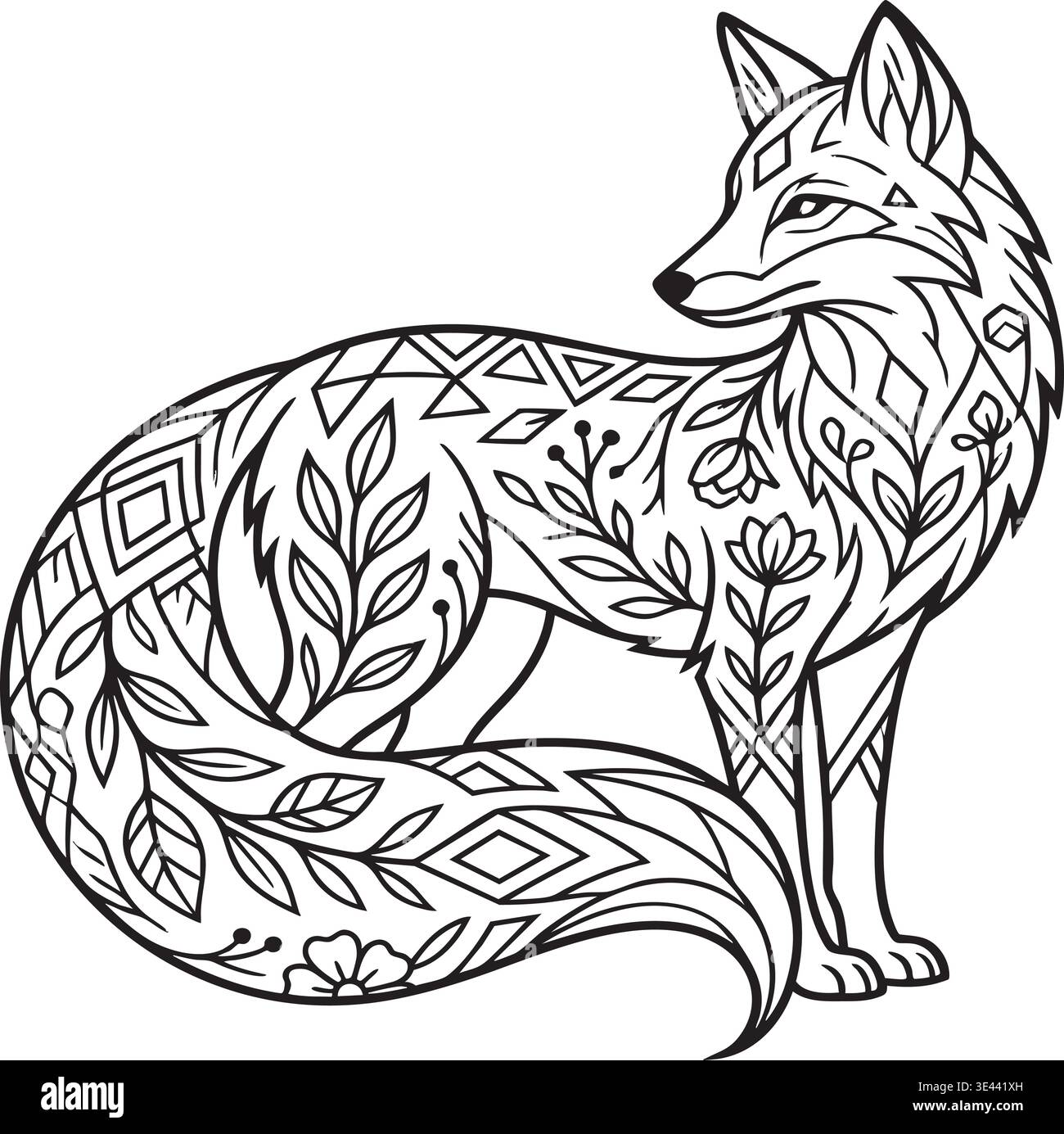 Intricate black and white fox illustration featuring ornate geometric patterns and floral elements with a stylized long tail perfect for adult colorin Stock Vector