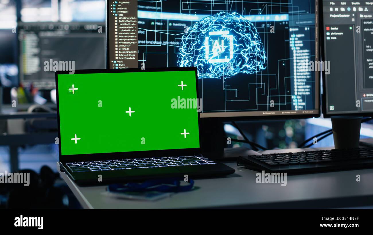 Close up of mockup laptop in data center doing neural network visualization using code debugging tech. Isolated screen notebook in server room powering deep learning and automated research tasks Stock Photo