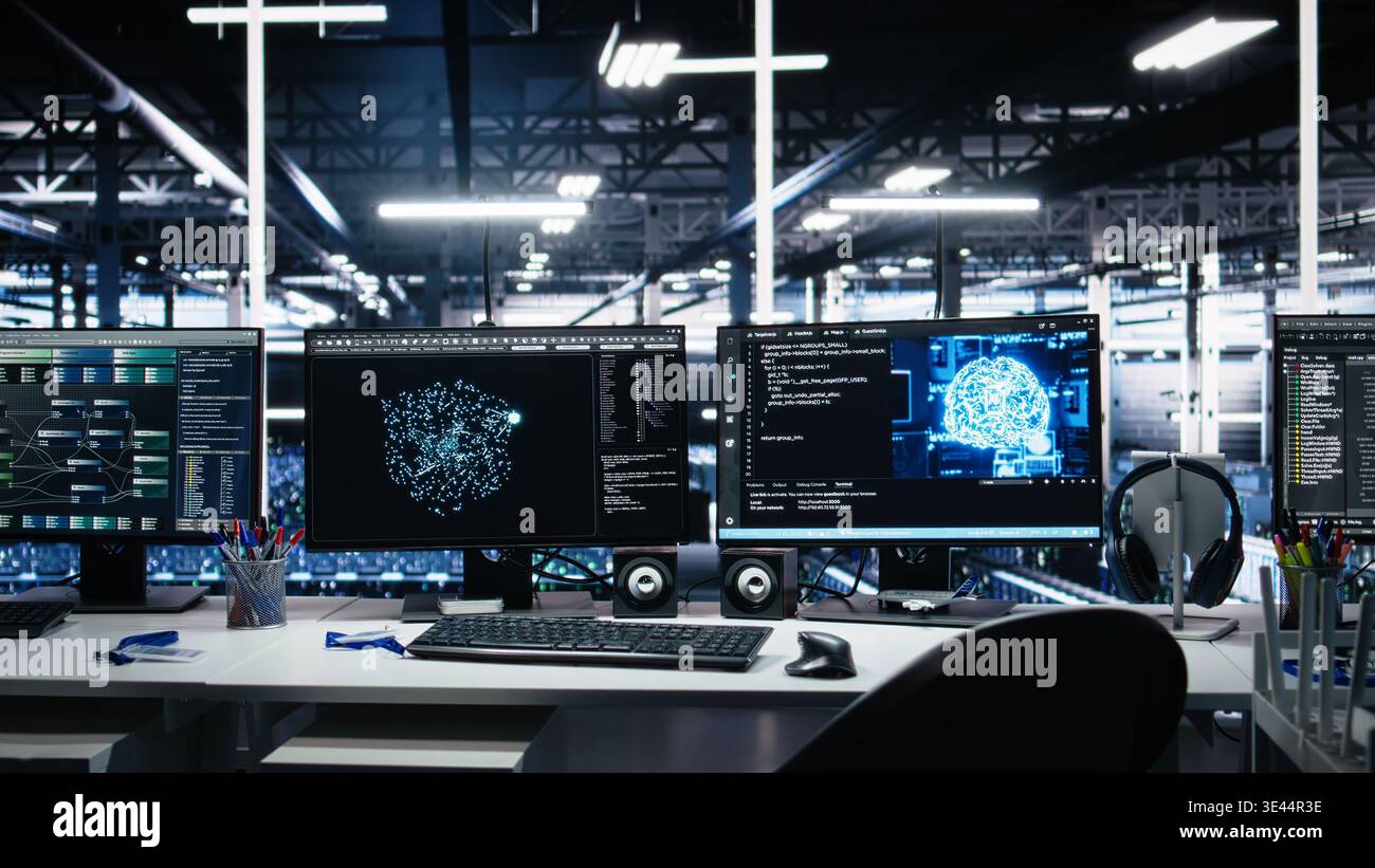 Server room PC screens tracking mainframes processing large scale machine learning datasets for artificial intelligence operations. Computer displays monitoring gear used in AI model development Stock Photo