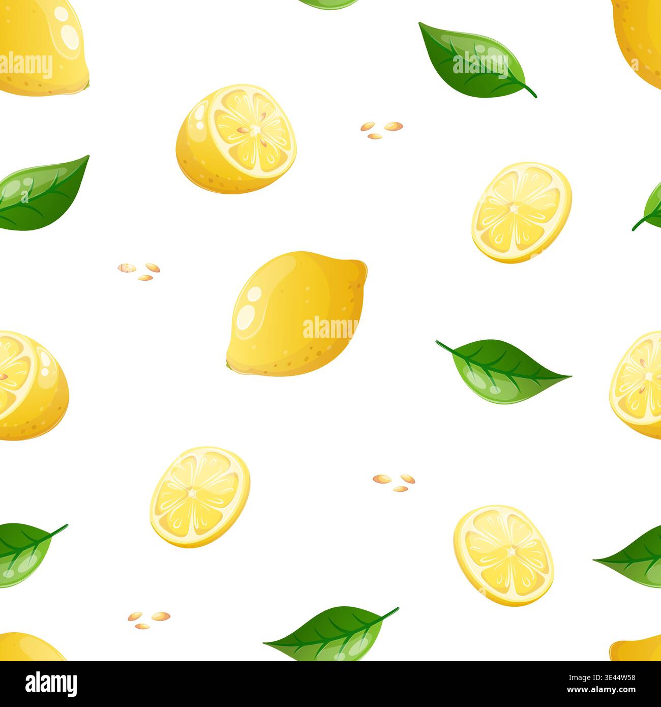Vector seamless pattern featuring lemon slices, leaves and whole lemons Stock Vector