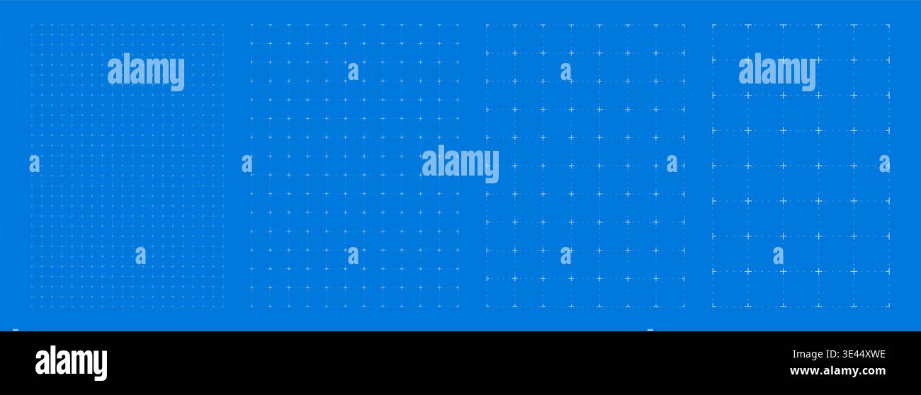 Blueprint grid set Dot line cross geometry, four scale variations. Wide medium dense micro spacing comparison, engineering layouts dashboards notebook interface planning systems technology graphics. Stock Vector