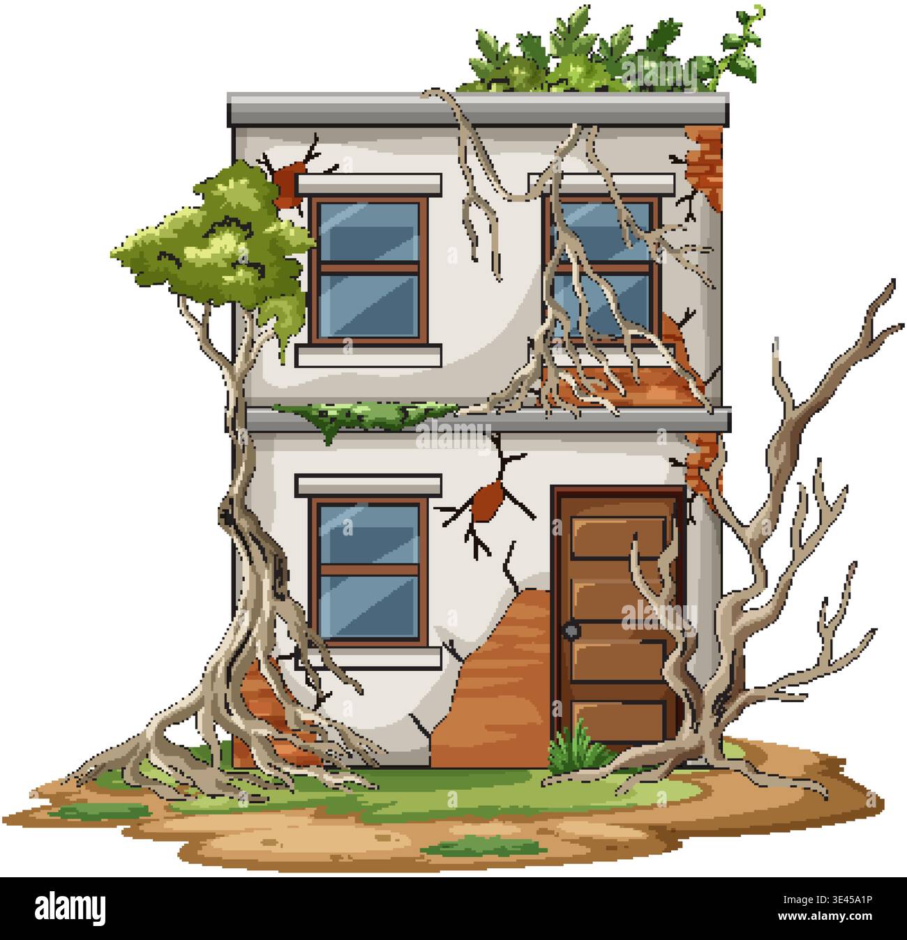 Cartoon two-story abandoned house with cracked walls, exposed bricks, and encroaching tree roots Stock Vector