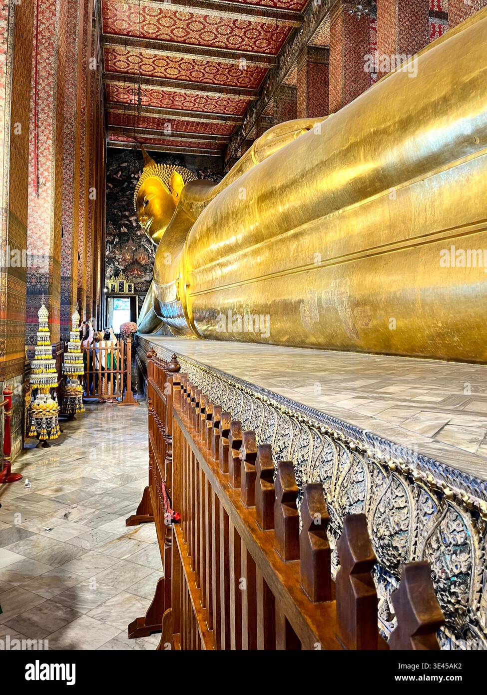 Massive Gold Reclining Buddha Statue Inside Wat Pho Temple Bangkok Thailand - Smartphone Captured Stock Image