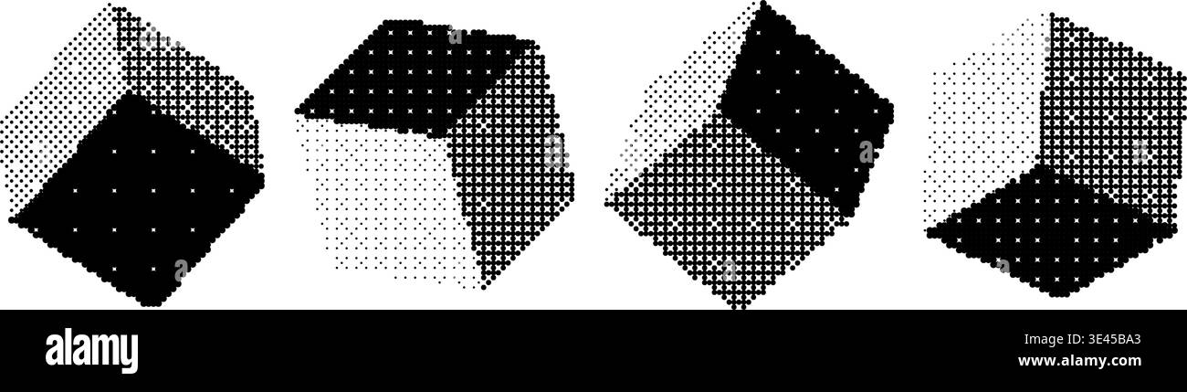 Pixel cube shape set. Bitmap 3D square form collection. Dithering element pack for graphic design, banner, poster, leaflet. Halftone cubes with rasterized effect. Vector trendy Y2K geometric bundle Stock Vector