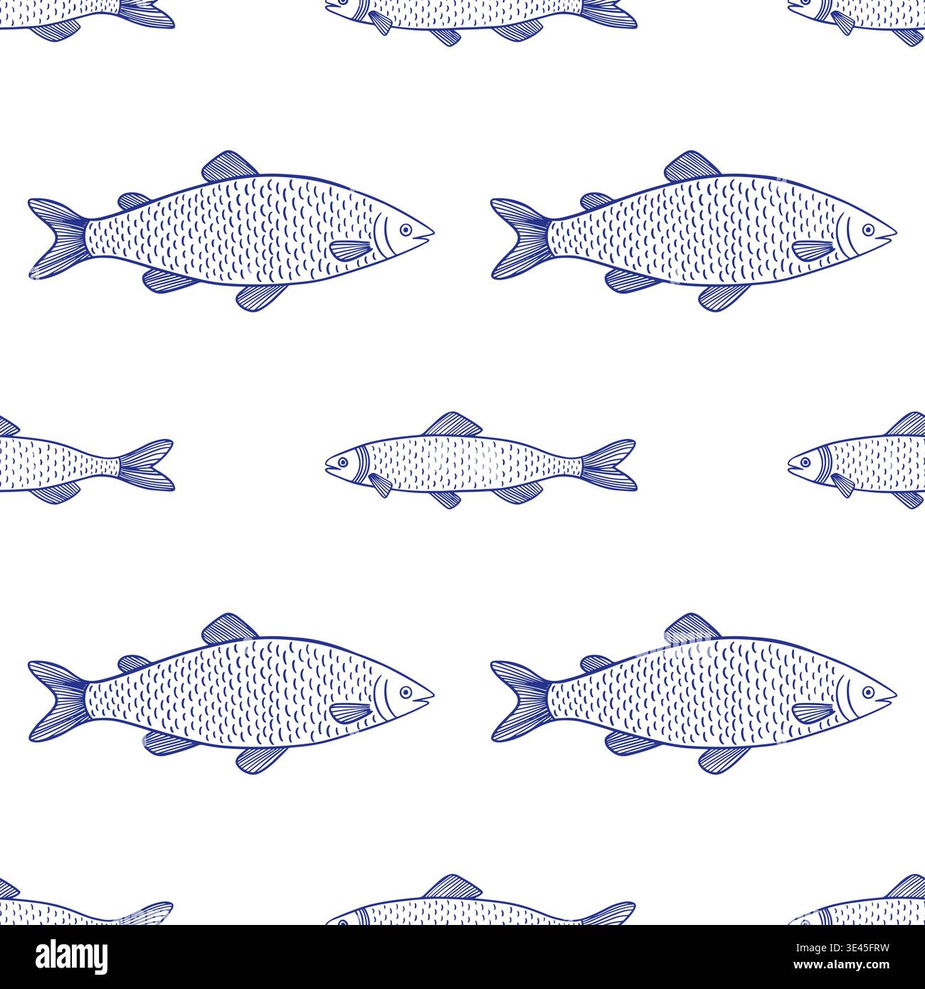 Hand drawn blue sketch of fish pattern Stock Vector