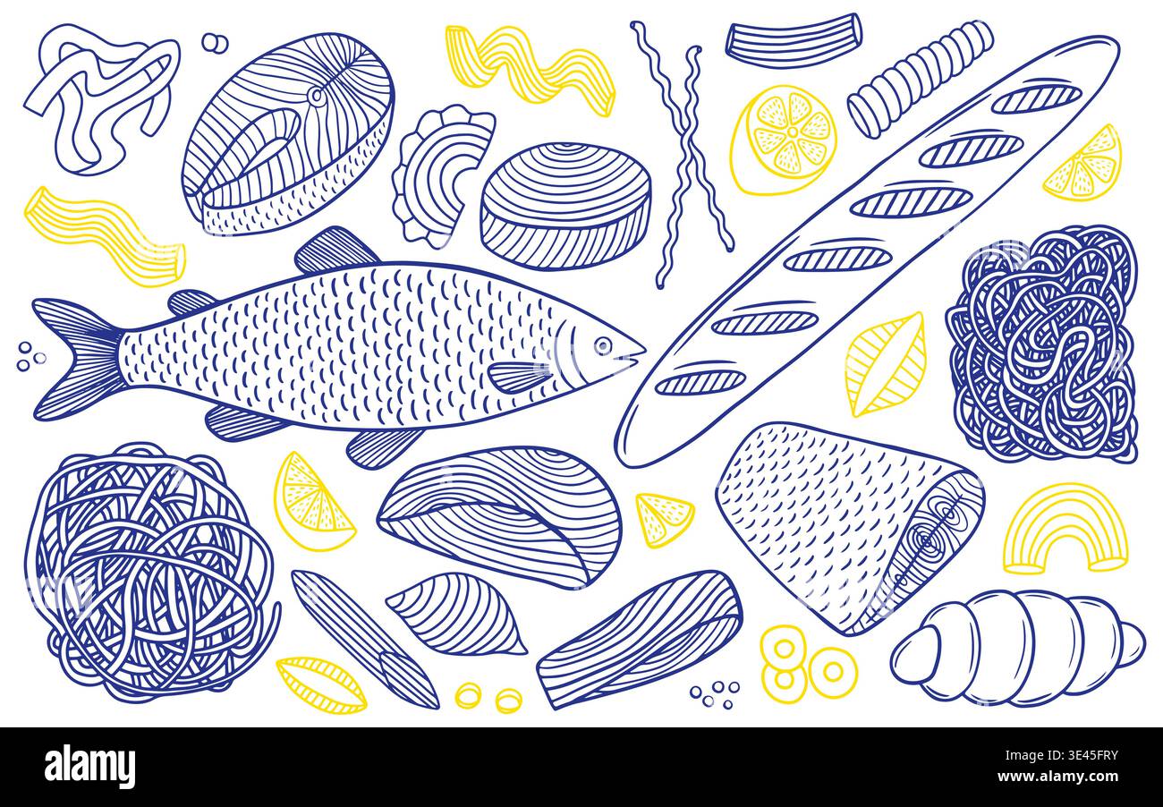 Fish and pasta hand drawn sketch set Stock Vector