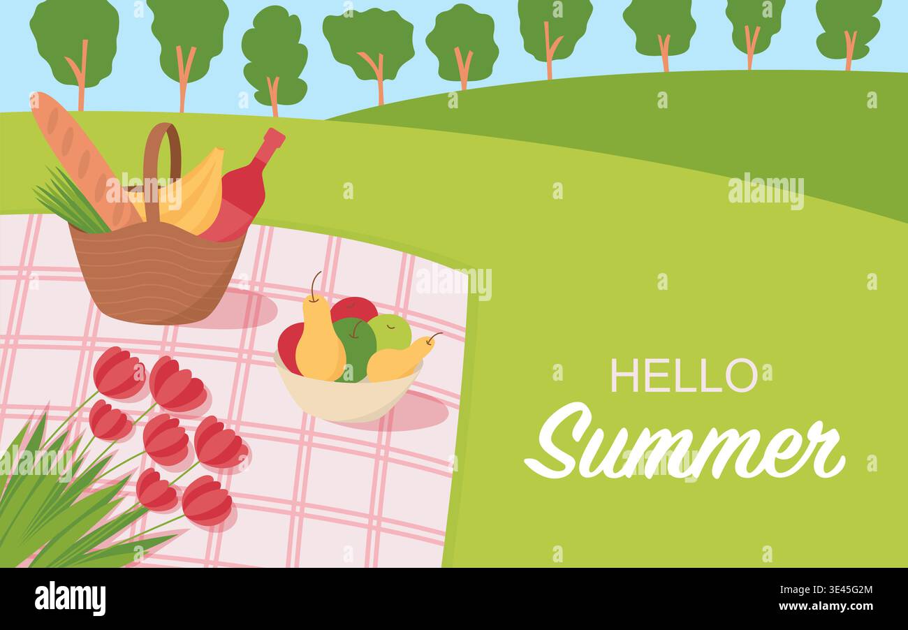 Hello summer, picnic in a summer landscape Stock Vector