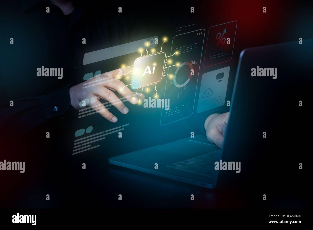 Hand interacting with a hologram AI interface and glowing processor icon representing artificial intelligence and future technology systems. Stock Photo