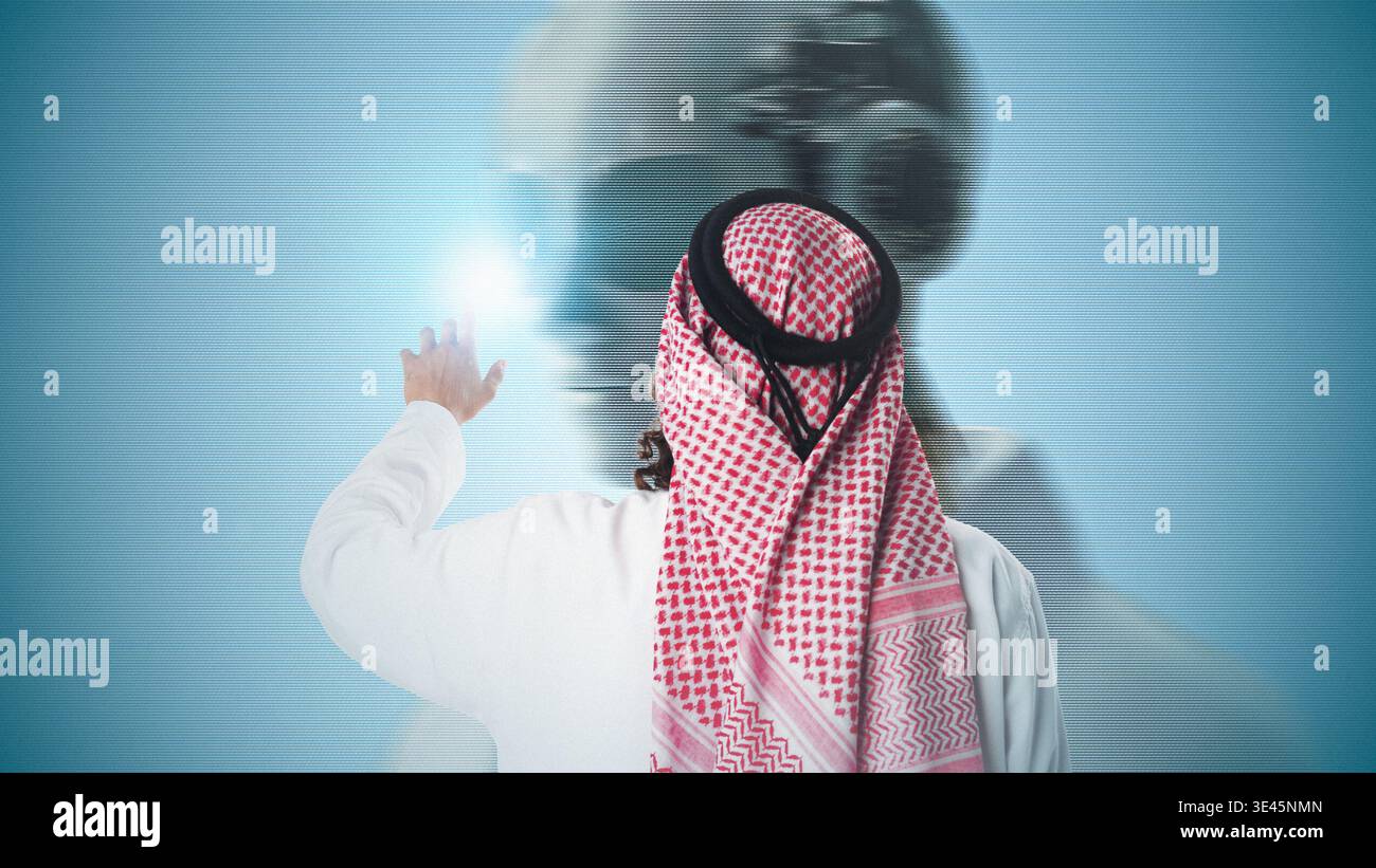Man interacts with artificial intelligence in a modern setting during daytime hours Stock Photo