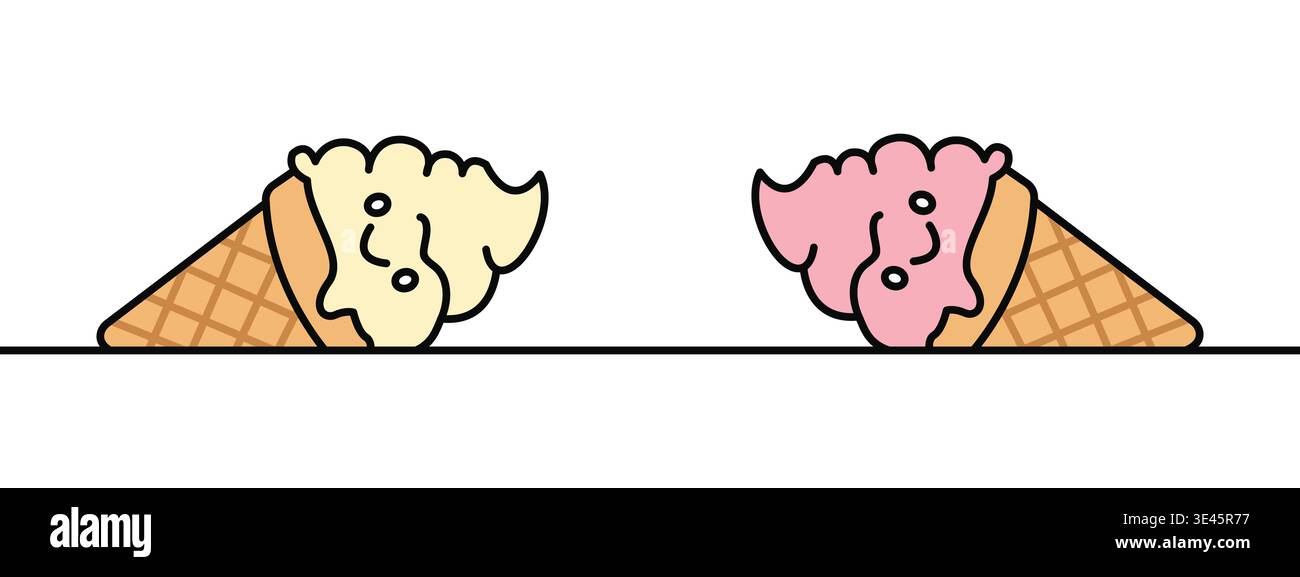 Ice Cream Cones characters with Happy Faces Lying on Surface Flat Vector Illustration Stock Vector