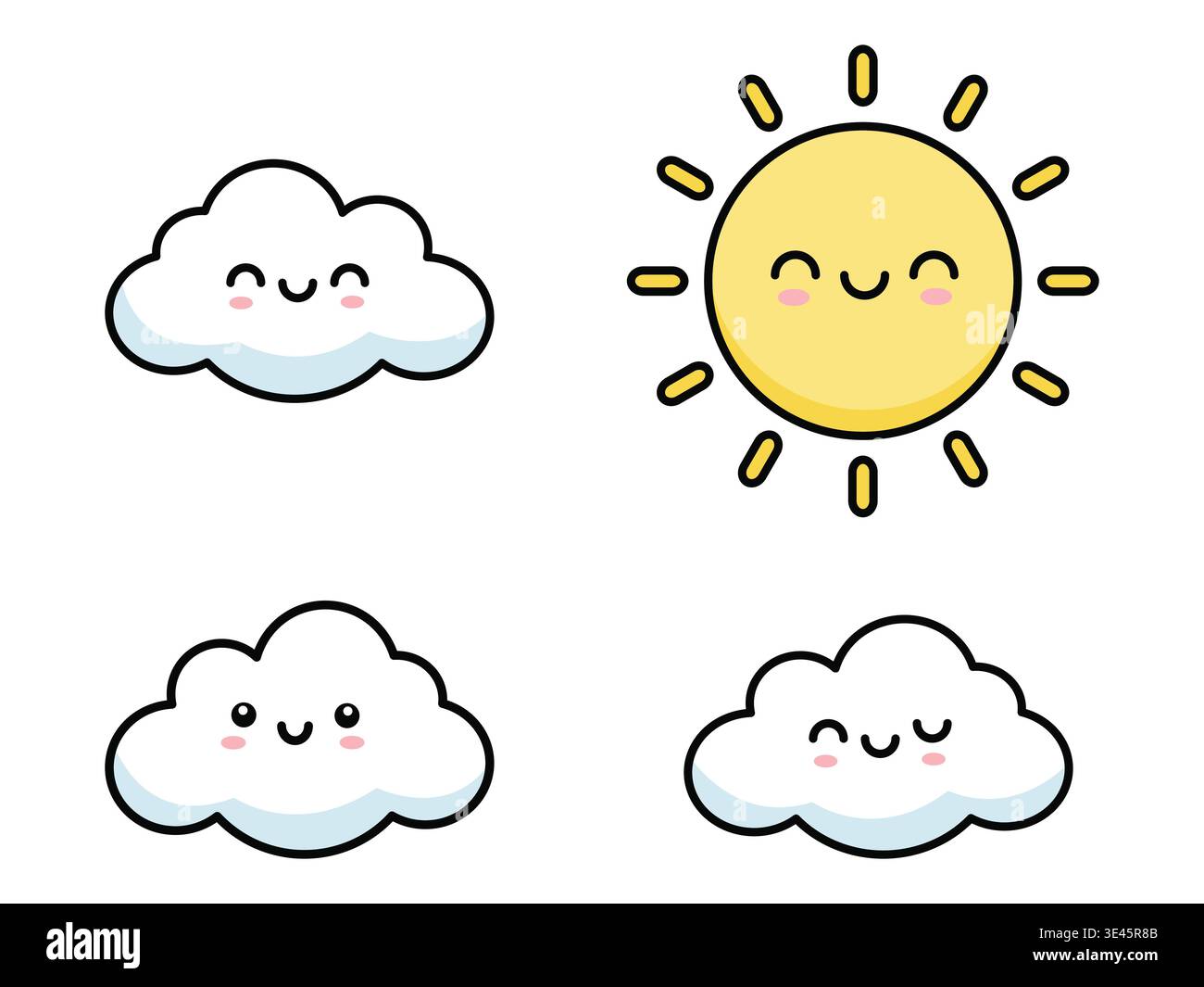 Sun and Clouds Faces Set with Happy Smiling Expressions Flat Vector Illustration Design Stock Vector