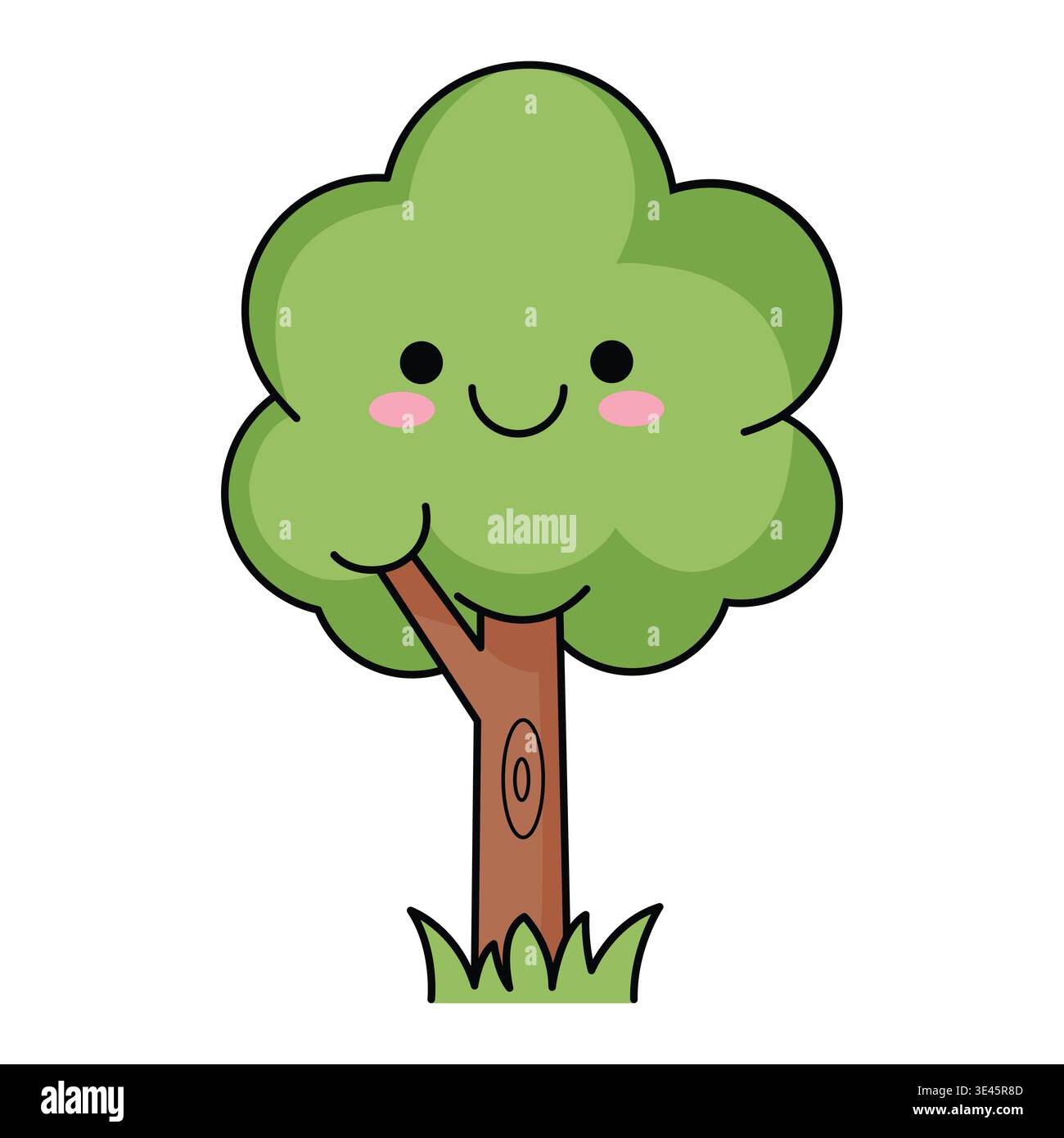 Tree Character with Happy Smiling Face on Grass Flat Vector Illustration Design Stock Vector
