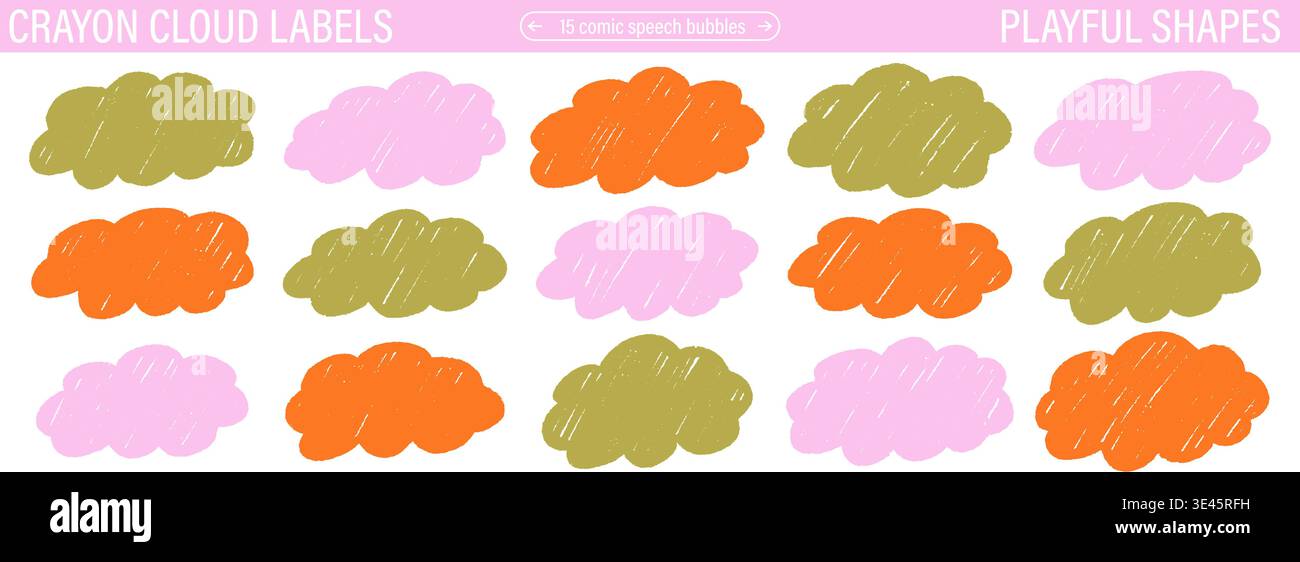 Cloud label shapes set. Crayon scribble fluffy stickers. Cute doodle wavy frame collection Stock Vector