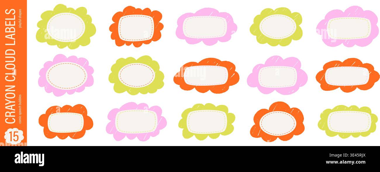 Hand drawn scribble cloud label shapes. Fluffy edges with crayon texture. Cute doodle frame set Stock Vector