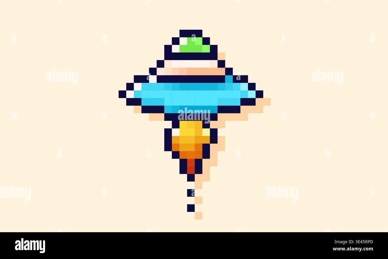 Pixel art game Space saucer with Jet stream. Stock Vector