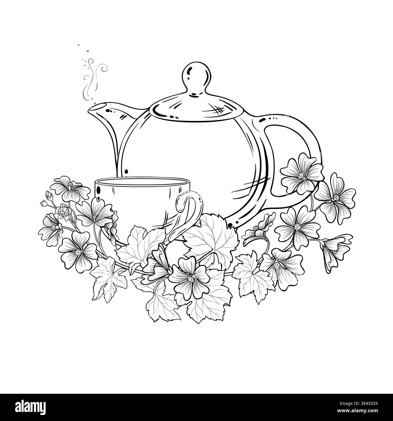 Malva Tea in Teapot Outline Illustration. Stock Vector