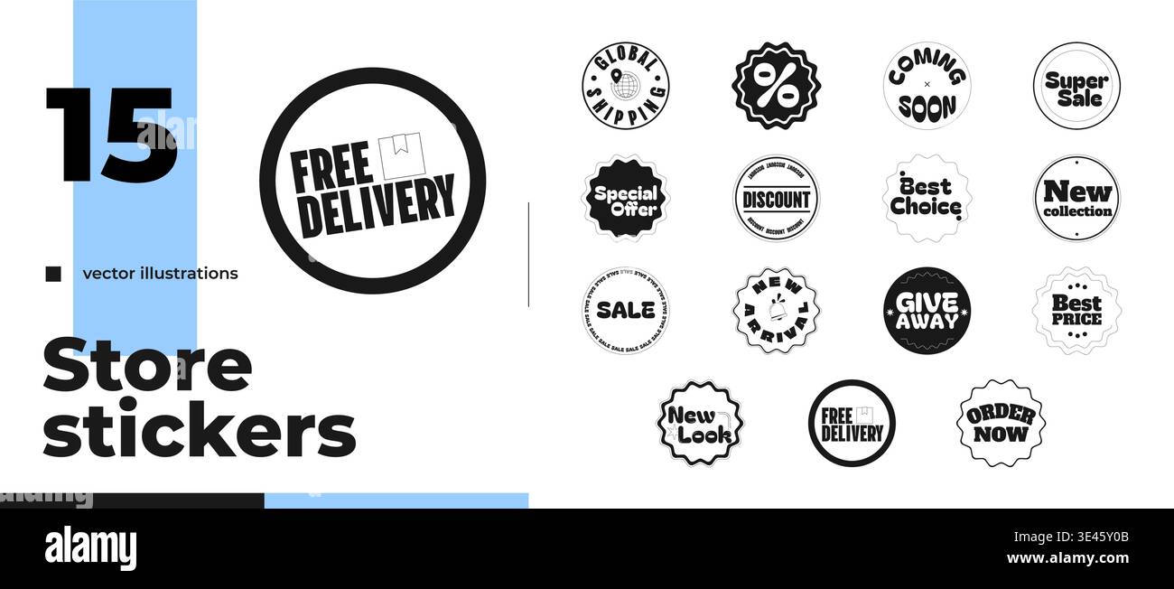 Modern store black and white sticker pack illustration Stock Vector