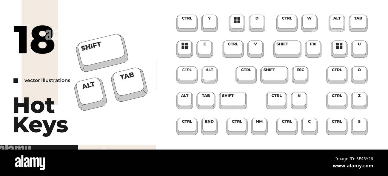Comprehensive grayscale keyboard hotkey pack Stock Vector