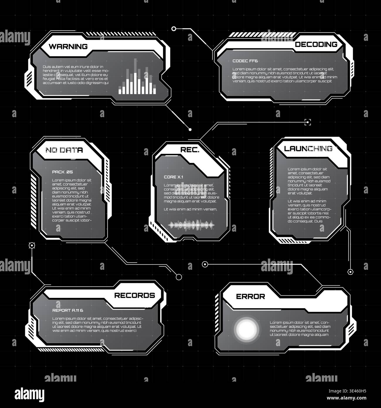 White futuristic HUD, UI elements. Sci-fi user interface text boxes, callouts. Warning message frames, information boxes template. Modern game Stock Vector