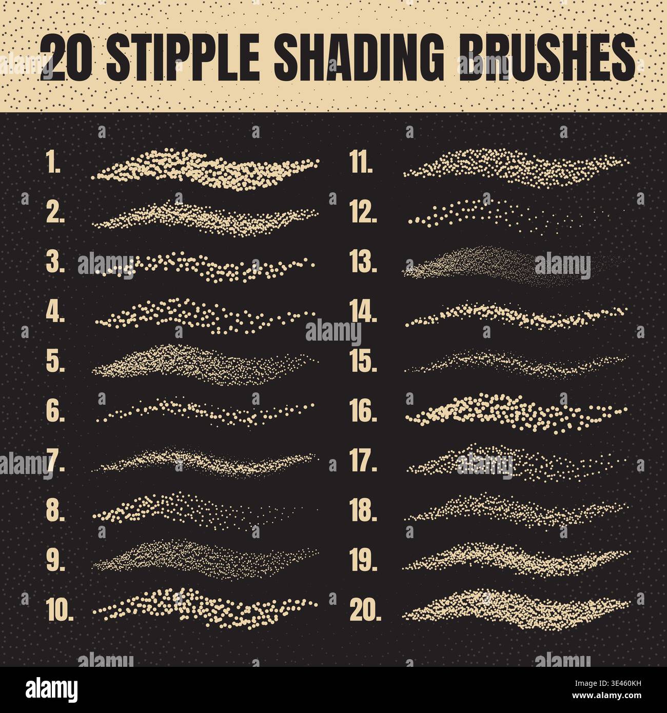 Ink scatter brush, stipple drawing and texturing. Fading gradient. Stippling, dotwork drawing, shading using dots. Halftone disintegration effect Stock Vector