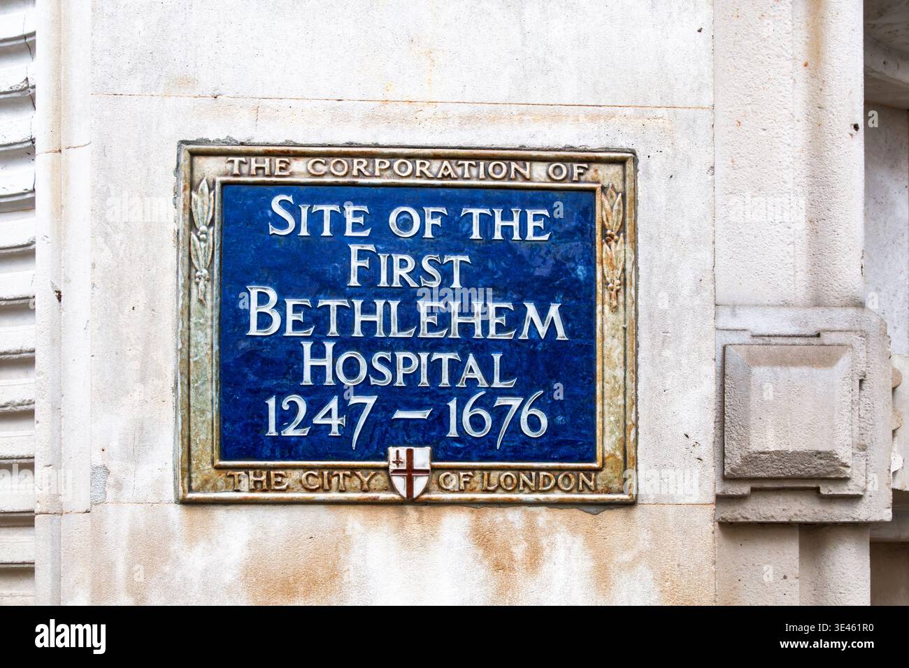 Plaque commemorating the site of the First Bethlehem Hospital in The City of London. England, UK Stock Photo