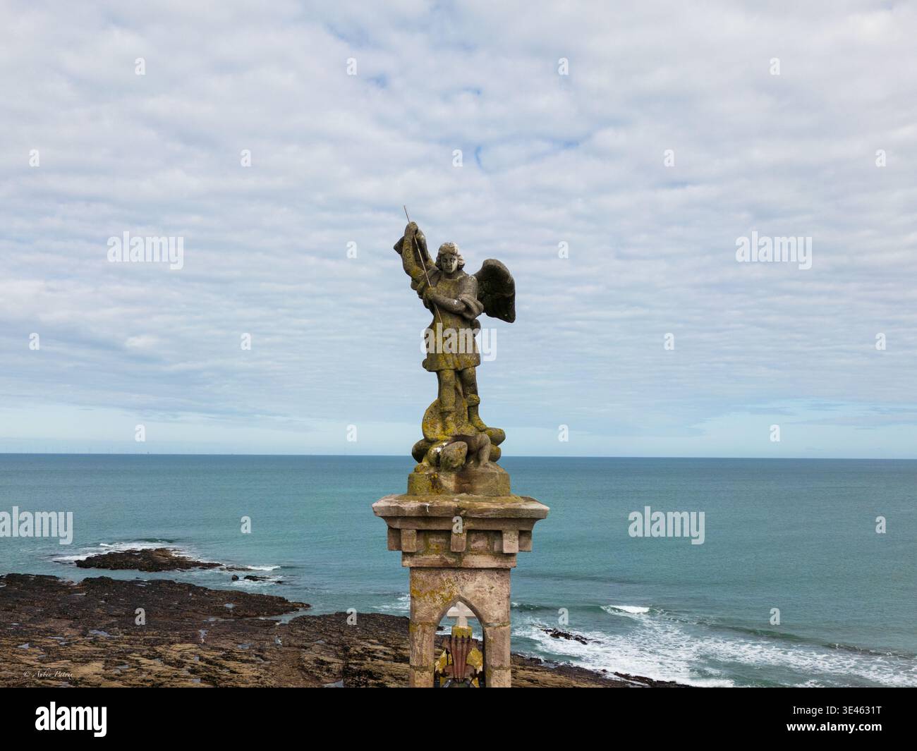 Aerial view of the statue of Saint Michael the Archangel standing 