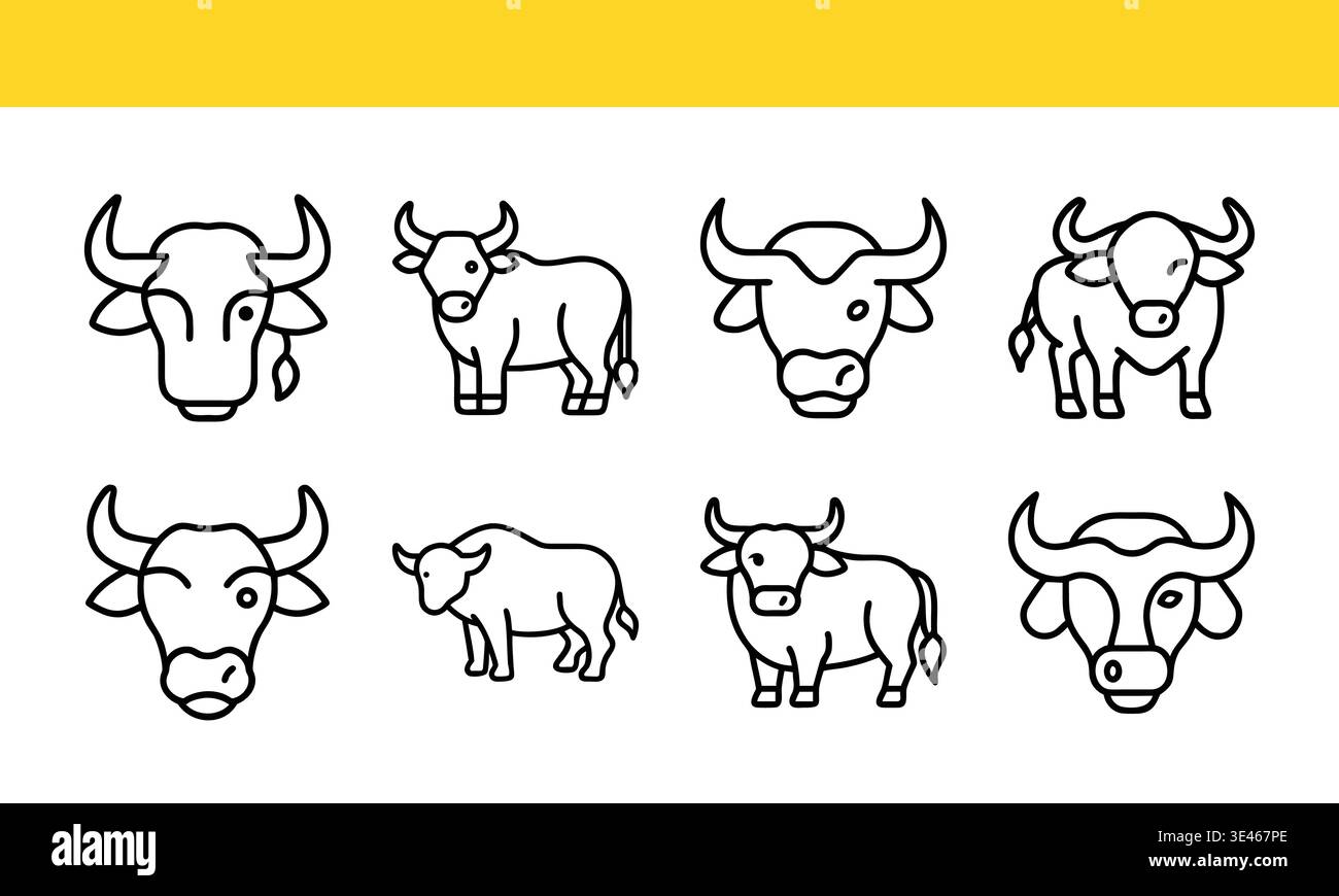 Cow and bull line art icon collection with minimal outline variations. Stock Vector