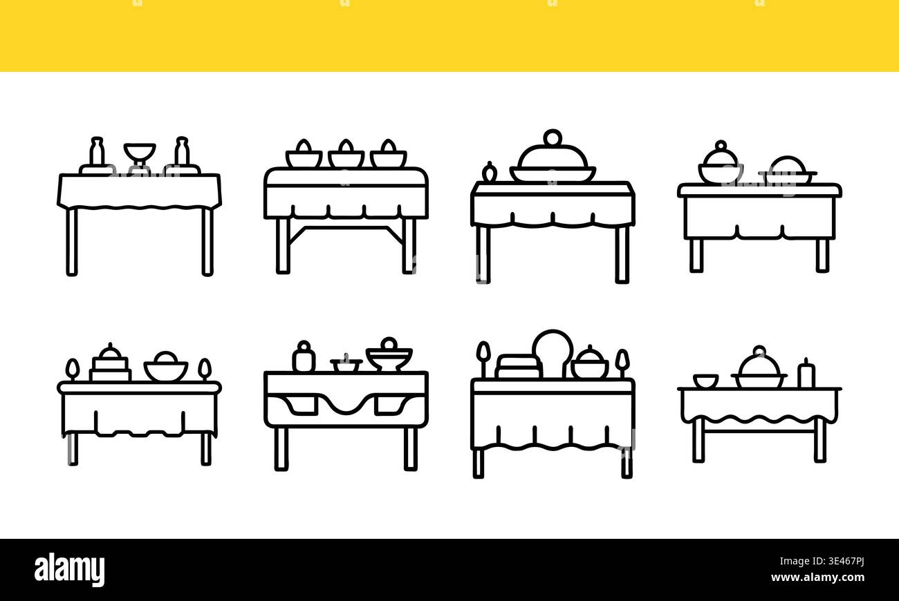 Dining table line art icon collection with minimal outline variations. Stock Vector