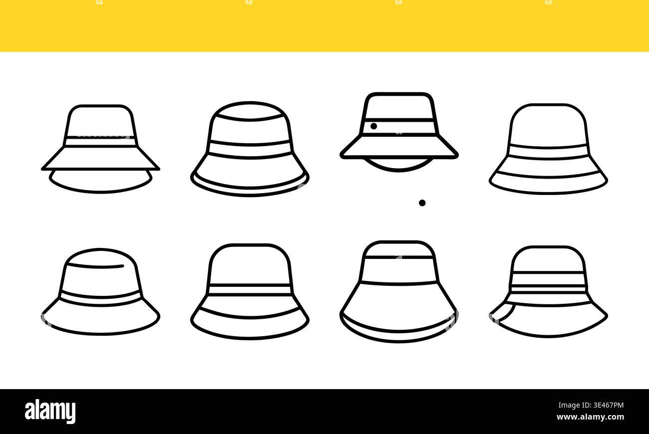 Bucket hat line art icon collection with minimal outline variations ...
